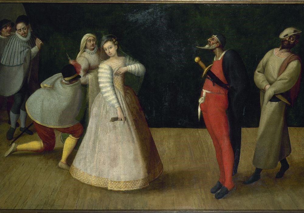 16th century Flemish painting of a group of Italian actors performing in Commedia dell’arte