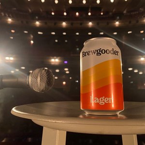 A beer onstage at the Festival Theatre with a microphone