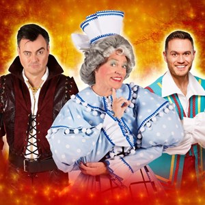 Grant Stott, Allan Stewart and Jordan Young in Panto costume against a red background