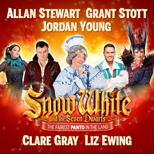Clare Gray, Grant Stott, Allan Stewart, Jordan Young and Liz Ewing in Panto costume against a red background