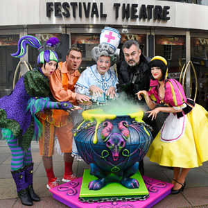 The cast of the panto outside the Festival Theatre 