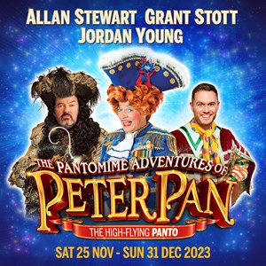 Grant Stott, Allan Stewart and Jordan Young in Panto costume against a blue sparkly background
