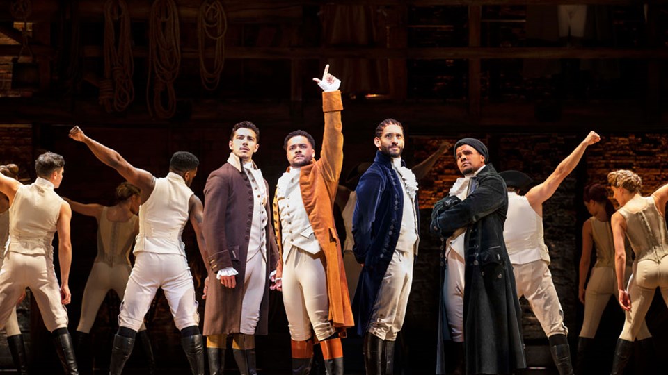 HAMILTON---London-Cast---Reuben-Joseph-as-Hamilton,-Waylon-Jacobs,-Jake-Halsey-Jones-and-Emile-Ruddock-and-Company.-Photo-by-Danny-Kaan2.jpg