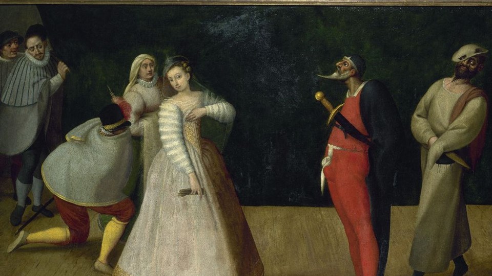 16th century Flemish painting of a group of Italian actors performing in Commedia dell’arte