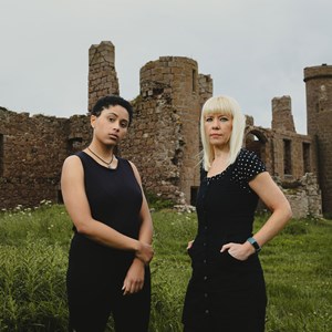 Danielle Jam and Morna Pearson at Slains Castle