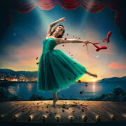 A ballerina in a green dress dances on stage at sunset, holding red ballet shoes and surrounded by red rose petals, with a lakeside town and mountains in the background.